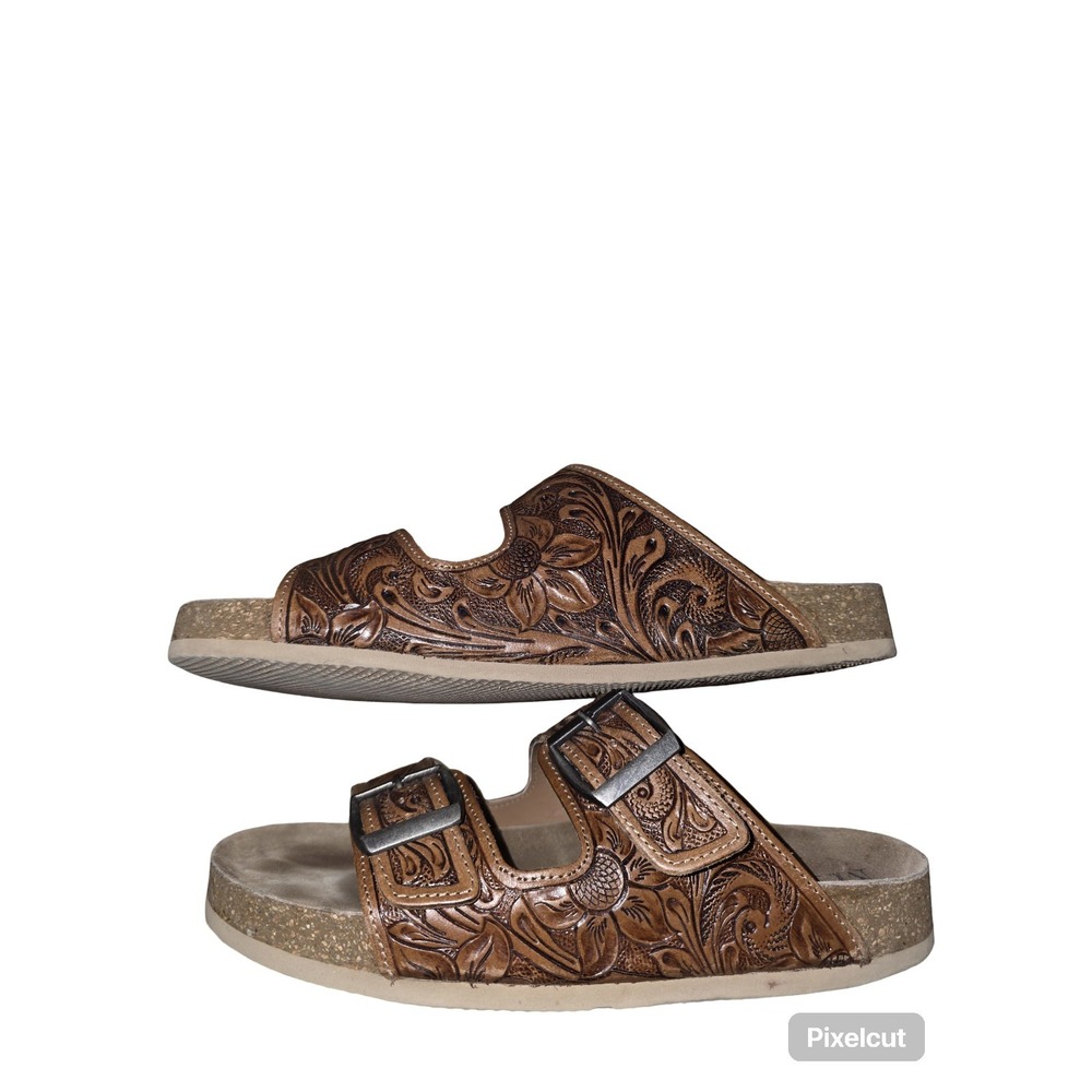 Myra Hand Tooled Western Leather Sandals Womens Size 08 Brown Two Strap Buckle